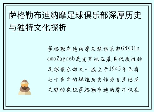 萨格勒布迪纳摩足球俱乐部深厚历史与独特文化探析