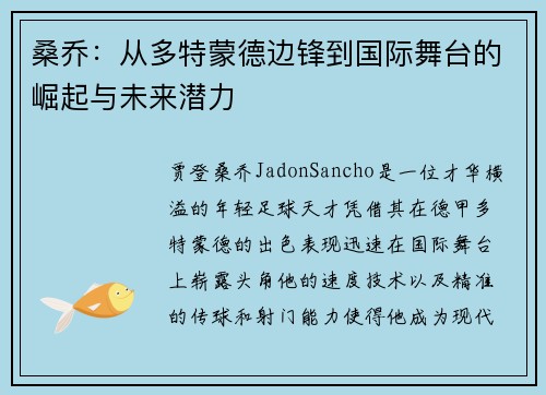 桑乔：从多特蒙德边锋到国际舞台的崛起与未来潜力